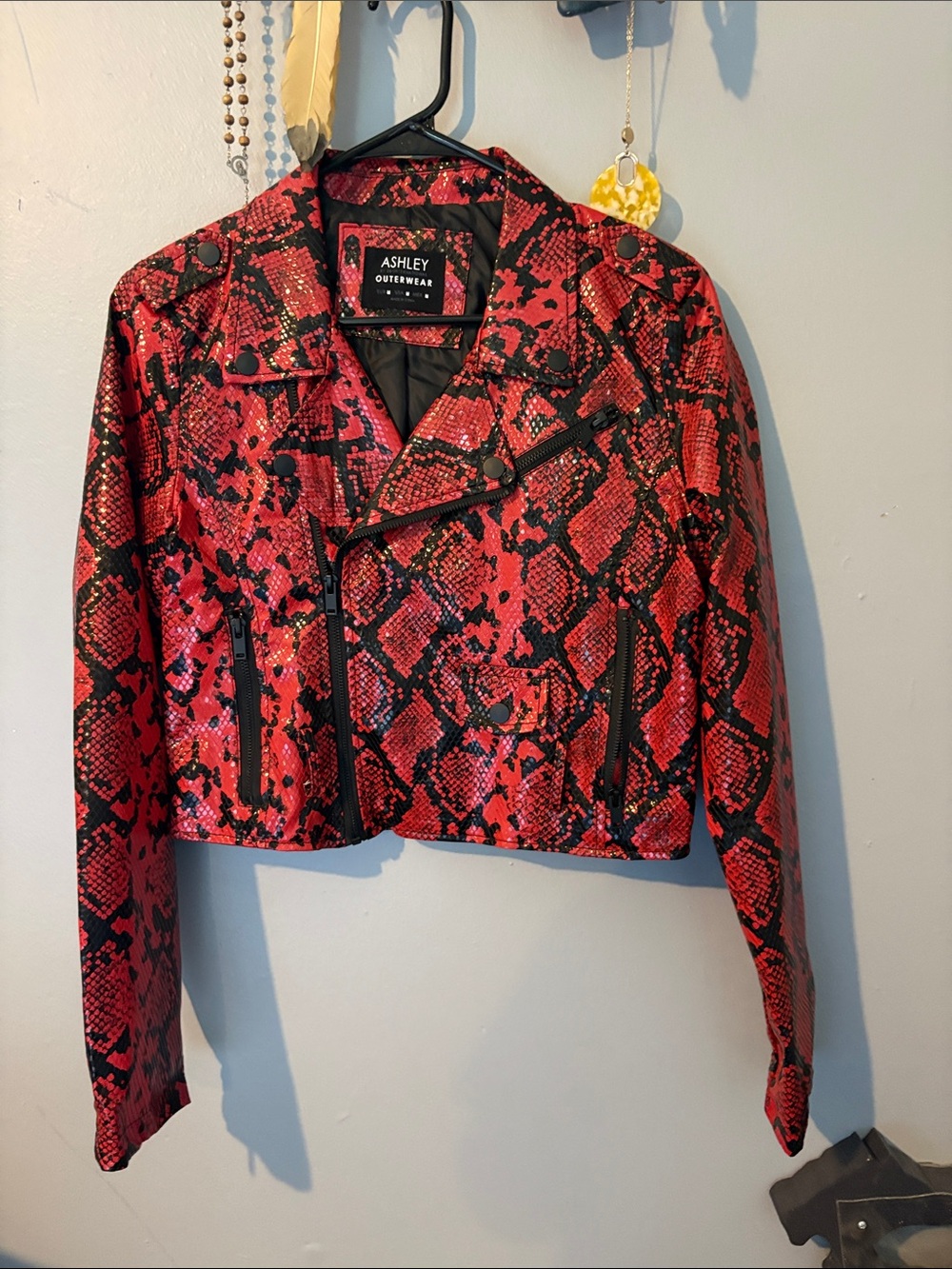 Ashley By 26 International Red & Black Snake-Print Moto Jacket
